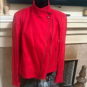 Banana Republic Red Leather Asymmetrical Zip Jacket